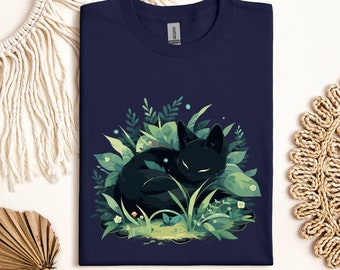 Enchanted Forest Cat Nap T-Shirt, Magical Forest Cat Illustration Comfort Fit T-Shirt, Relaxed Fit Enchanted Forest Theme Cat T-Shirt