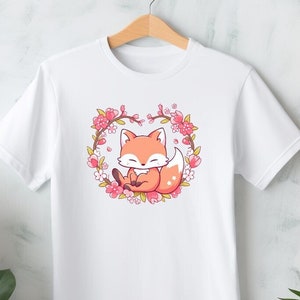 Cherry Blossom Fox Heart T Shirt | Japanese Kitsune Fox shirt | Japanese Art Shirt | Sakura blossoms pink flowers T-Shirt