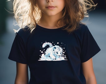 May include: A black t-shirt with a white snow leopard graphic. The snow leopard is surrounded by white snowballs.