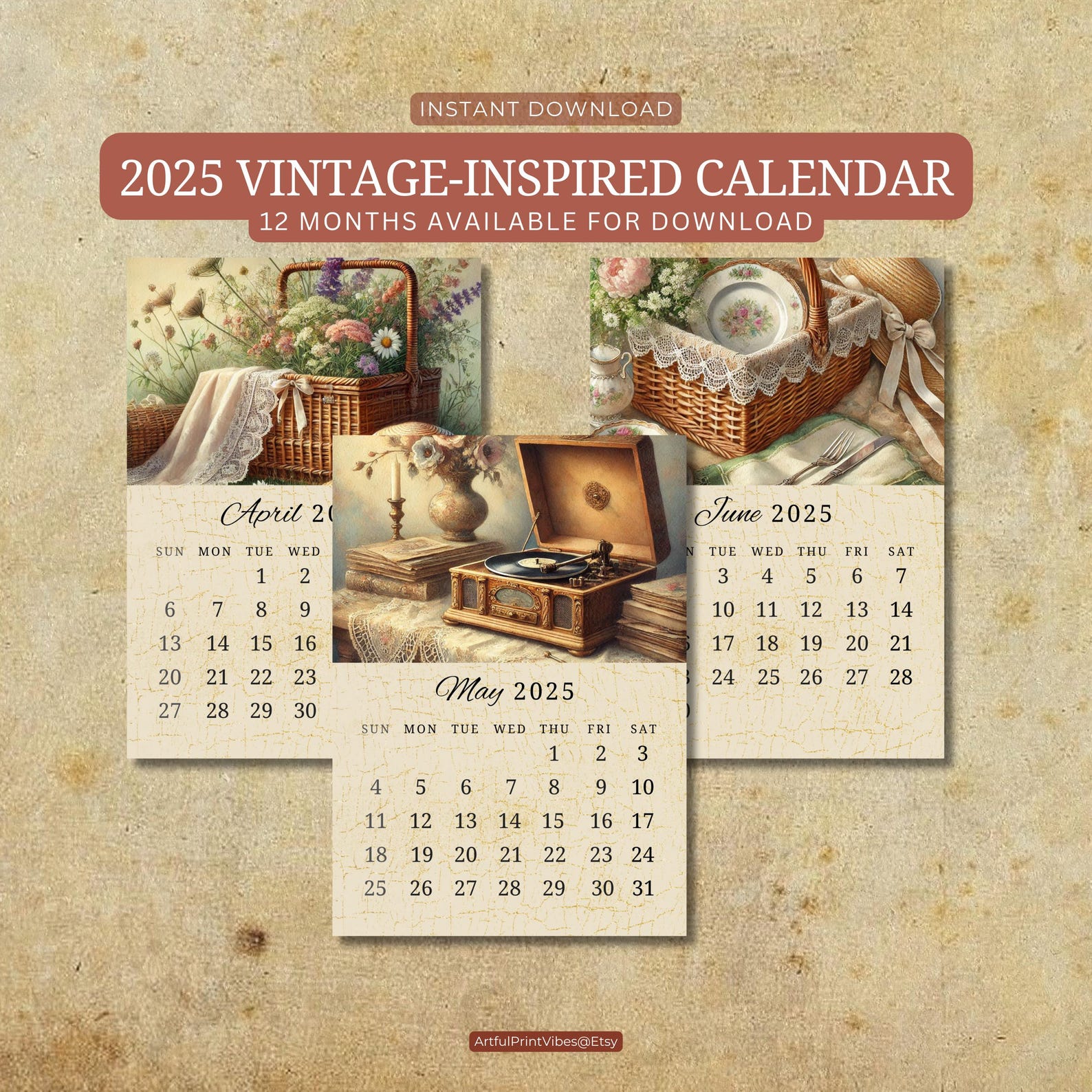 Printable 2025 Calendar Vintage Antique Aesthetic A4 Portrait Sun Start ...
