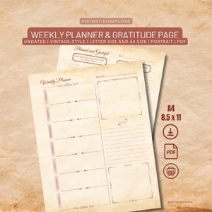 Página imprimible de planificador semanal, página de diario de gratitud, tamaño A4 y carta, descarga instantánea en PDF, inserto de planificador, página de diario basura de estilo vintage
