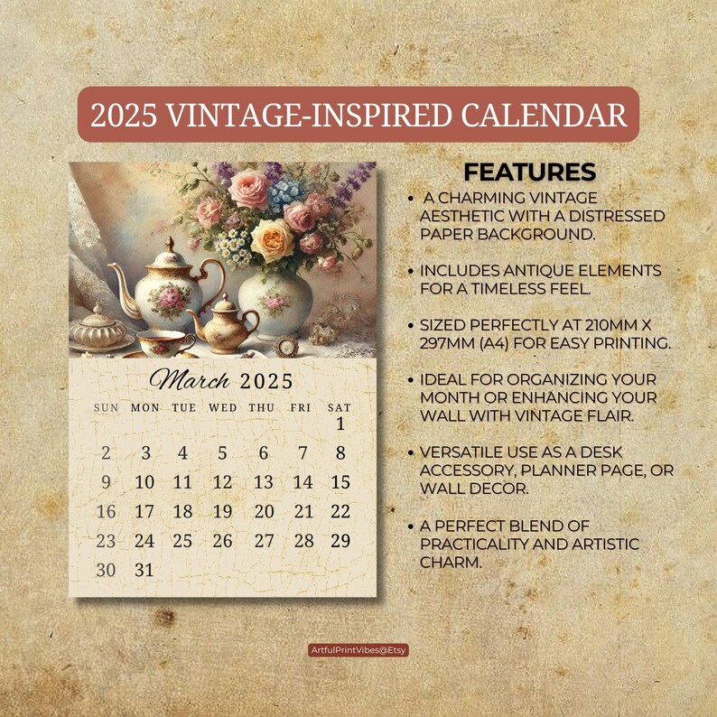 Printable 2025 Calendar Vintage Antique Aesthetic A4 Portrait Sun Start ...