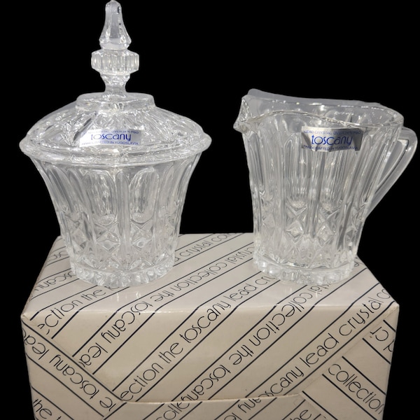 Vintage Toscany Lead Crystal Creamer Sugar Bowl W Lid Set Handcrafted in Yugoslavia