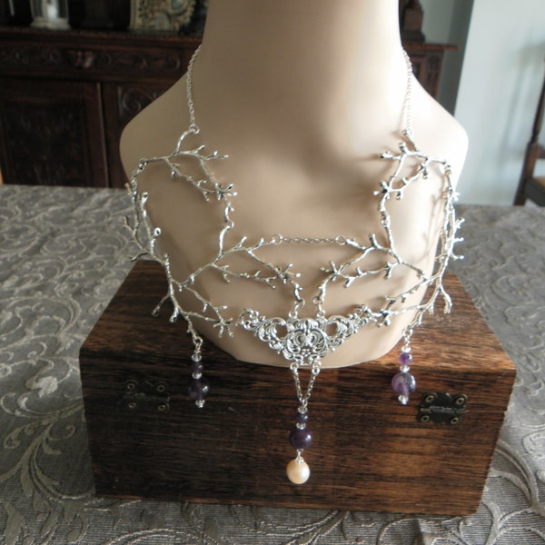 Silver branch necklace with amethyst, pearl and crystal beads – Twig Jewellery