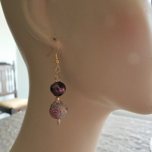 Gold, purple and pink-flower bead earrings