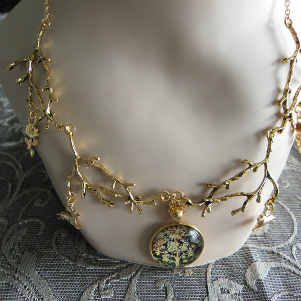 Antique Gold branch necklace with charms of deer and flowers, and Tree-of-Life pendant – Twig jewellery