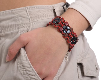 Handmade Black and Red Square Beaded Bracelet with Swarovski and Czech Beads