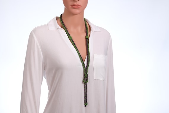 A knot necklace with green and purple Japanese seed beads/ Lariat necklace/ Statement necklace/ beaded long knot necklace.