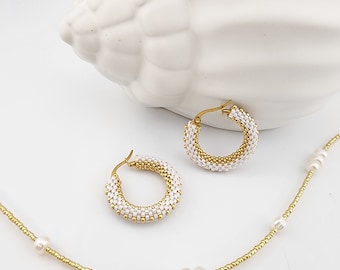 Elegant white hoop earrings, White and gold hoop earrings, Chunky huggie  hoops, Summer everyday earrings, Women&#39;s jewelry gift