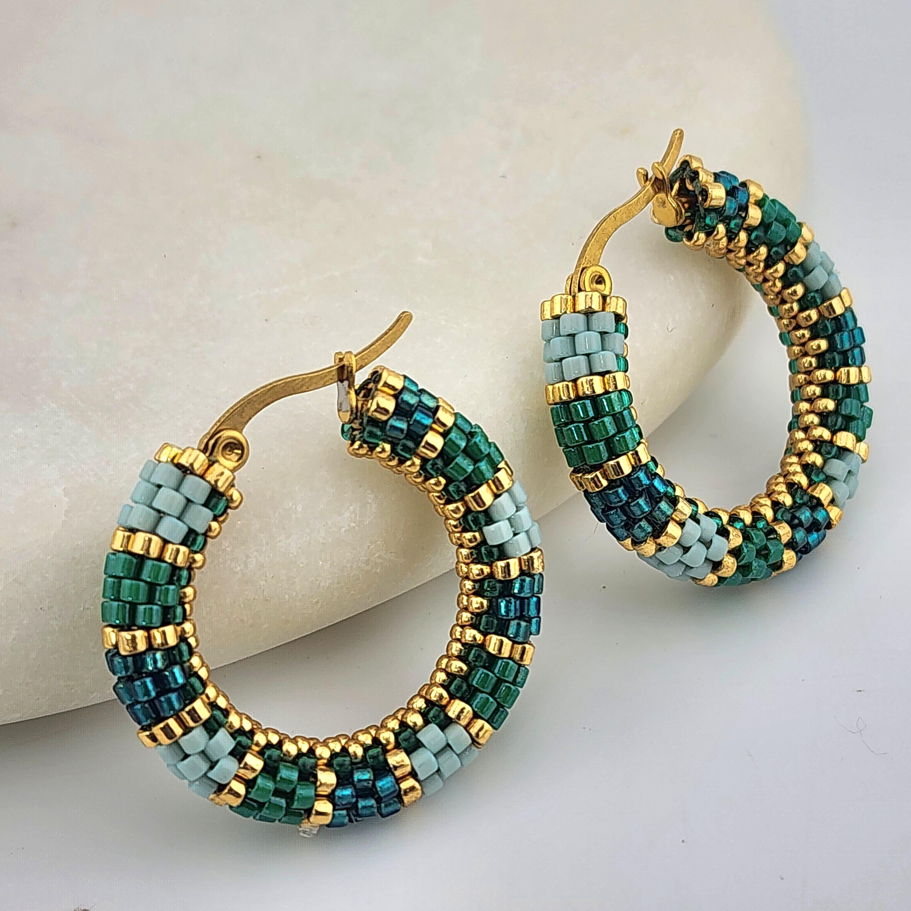 Chunky Lightweight Beaded Hoop Earrings in Teal, Blue, Emerald & Gold | Handmade Multi Color Hoops | Bold Gift for Her | Boho Jewelry