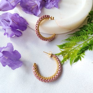Handmade Blush Pink Beaded Hoop Earrings: Gold Miyuki Seed Beads