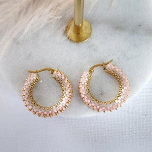 Handmade Pink Beaded Hoop Earrings: Gold Plated Stainless Steel
