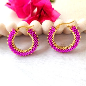 Fuchsia gold hoop earrings, Hot pink beaded lightweight chunky hoops, Pop of colour earrings, Statement gold huggies, Beaded jewelry gift.