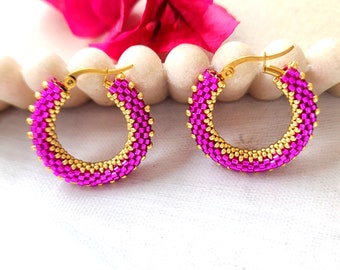 Fuchsia gold hoop earrings, Hot pink beaded lightweight chunky hoops, Pop of colour earrings, Statement gold huggies, Beaded jewelry gift.