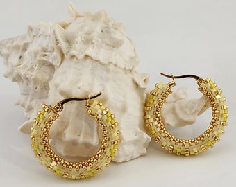 Yellow Beaded Hoop Earrings: Miyuki Seed Beads, Gold Stainless Steel