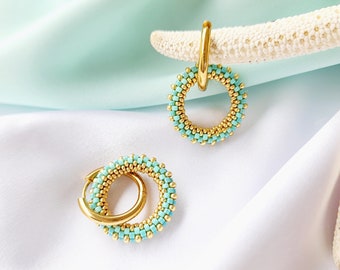 Multi-color Lavender Turquoise White Beaded Hoop Earrings, Boho Colorful Beads Gold Hoops, Gold Seed Bead Hoop Earrings with pendant