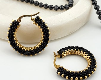 Black beaded hoop earrings, Black and gold seedbead earrings, Statement black round earrings, Total black hoops, Chunky black unisex hoops