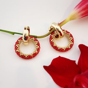 Red and Gold Beaded Earring Hoops, Rhubab Berry Hoop Earrings with Pendant, Red Berry  Earrings, Bohemian, Handmade Seed bead Earrings