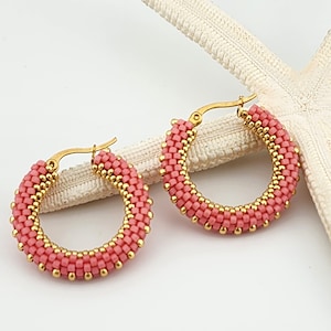 Pink Beaded Hoop Earrings: Miyuki Delica Beads, Stainless Steel