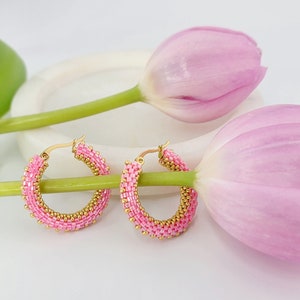 Handmade Pearl Pink Seed Bead Hoop Earrings: Lightweight Bohemian Jewelry