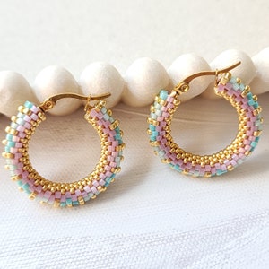 Blue and pink pastel beaded  hoop earrings,Purple Mixed Color Bead Dangle Earrings, Bohemia Chunky Hoop Earrings, Pastel Statement Earrings