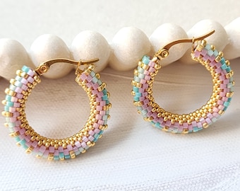 Blue and pink pastel beaded  hoop earrings,Purple Mixed Color Bead Dangle Earrings, Bohemia Chunky Hoop Earrings, Pastel Statement Earrings