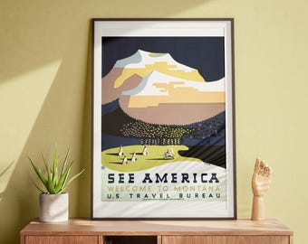 Zie America Montana, vintage muurkunst, reisposter, retrokunst DIGITALE DOWNLOAD