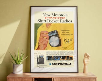 Motorola-radio, vintage väggkonst, retroreklam, klassisk affisch DIGITAL NEDLADDNING