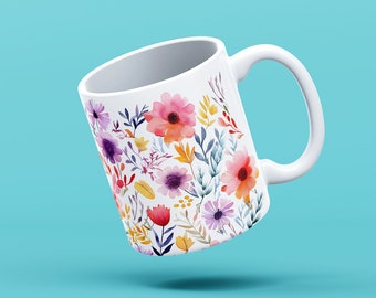 Water Color Flowers Mug | Garden Artwork, Floral Cup, Bohemian Style