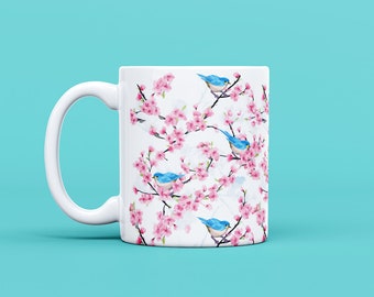 Bluebird Cherry Blossom Mug |  Sakura Flower, Pink Cherry Blossom, Blue Bird