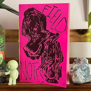 May include: A hot pink notebook with the words "FIELD NOTES" in black, featuring a distorted black graphic. A bottle of pineapple peach limeade and a small figurine are in the foreground.