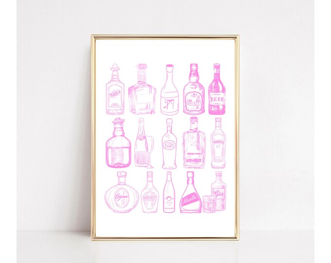 Bar Cart Wall Art Pink, Pink Prints Drinks, Bar Cart…