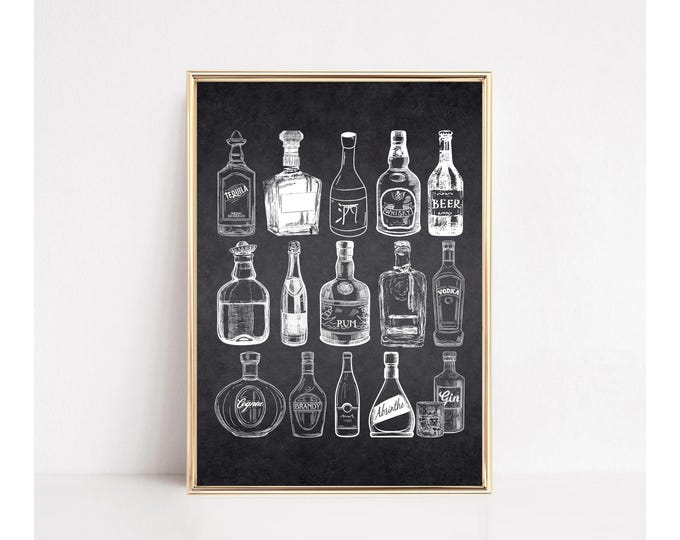 Bar Cart Art, Alcohol Print, Alcohol Bottles Print, Modern…
