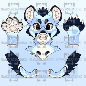 May include: A digital illustration of a light blue and dark blue cartoon character with a paw print and paw design. The character has black spots, large ears, and the text "SOUR_MILK". The background is light blue.