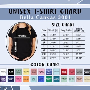 May include: Unisex t-shirt size chart for Bella Canvas 3001, showing measurements in inches for width, length, and sleeve length for sizes XS to 3XL. Color chart includes white, black, heather green, yellow, heather mauve, pink, heather true royal, turquoise, red, heather red, athletic heather, dark grey heather, team purple, heather navy, charity pink, orange, light blue, true royal, heather kelly, aqua, heather mint, heather ice blue, heather peach, and natural.