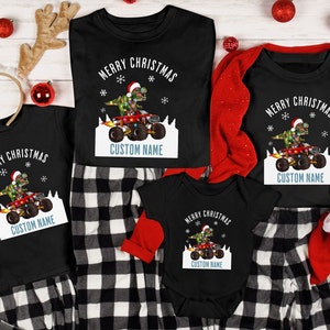 Custom Family Merry Christmas Dinosaur Monster Truck Shirt, Funny Personalized Christmas Name T-Shirt or PJ shirt, Kids TRex