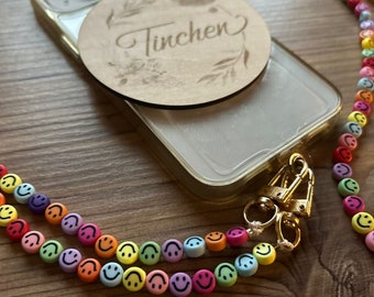Handykette Smiley, Universal, bunte Smiley, Handykette mit Patch, Handykette Perlen, Smiley Handykette, Geschenk, Smiley Perlen, GOLD