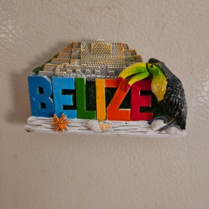 Könnte beinhalten: Ein bunter Belize-Magnet mit einem Tukan, einer Maya-Pyramide und Muscheln. Das Wort "Belize" ist in großen, bunten Buchstaben geschrieben.