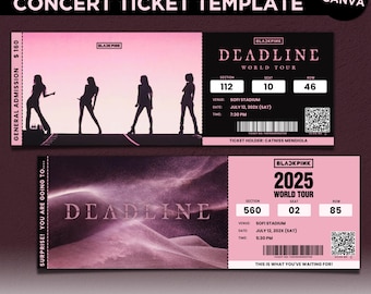 Szablon Canva na bilet na koncert Deadline Blackpink, bilet na światową trasę koncertową Blackpink do druku z gadżetami K-POP, personalizowany bilet na pamiątkę
