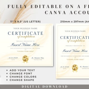 以下が含まれることがあります： USレターとA4サイズの編集可能な証明書テンプレート。テンプレートは、ベージュの大理石の背景に金色のシールと青いテキストが特徴です。テキストには「修了証」と表示され、会社名、受領者の名前、コース名、日付、インストラクターの名前のプレースホルダーが含まれています。テキスト「CANVAの無料アカウントで完全に編集可能」は、画像の上部に表示されます。