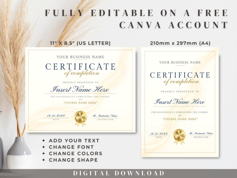 以下が含まれることがあります： USレターとA4サイズの編集可能な証明書テンプレート。テンプレートは、ベージュの大理石の背景に金色のシールと青いテキストが特徴です。テキストには「修了証」と表示され、会社名、受領者の名前、コース名、日付、インストラクターの名前のプレースホルダーが含まれています。テキスト「CANVAの無料アカウントで完全に編集可能」は、画像の上部に表示されます。