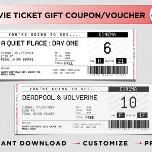 Invito a sorpresa per biglietto del cinema, ricevuta coupon per biglietto del cinema, film per serata romantica, modello modificabile per biglietto del cinema su Canva, biglietto del cinema