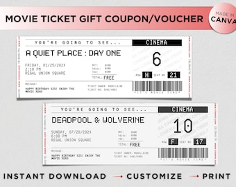 Zaproszenie na bilet do kina, niespodziewany prezent, kupon na bilet do kina, film na randkę, edytowalny szablon Canva na bilet do kina, bilet do kina