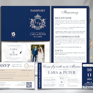 結婚式旅行先パスポート ネイビーブルーの印刷可能な招待状セット Canva テンプレート、QR コード RSVP、編集可能なメキシコへの結婚式招待状