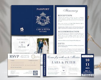 Zestaw zaproszeń na ślub w plenerze: granatowy paszport, RSVP (szablon Canva)