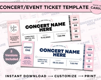 Szablon Canva na bilet na koncert, wydrukowany bilet na wydarzenie, zaproszenie, spersonalizowany bilet na koncert, niespodzianka, prezent urodzinowy, różowy bilet, pamiątka
