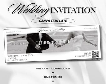 Zaproszenie ślubne w stylu vintage z biletem, do druku, szablon Canva z kodem QR RSVP, do natychmiastowego pobrania