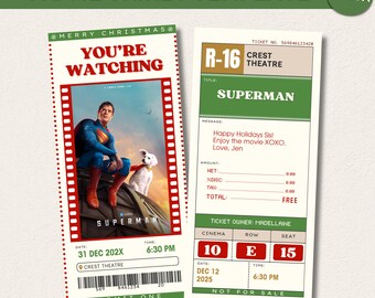 Edytowalny szablon świątecznego biletu na wieczór filmowy, bonu świątecznego, biletu do kina z kuponem, drukowanego zaproszenia na święta