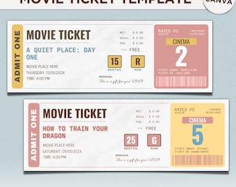 Pastelowe zaproszenie na bilet do kina – prezent niespodzianka, uroczy paragon za bilet do kina, kupon na randkę w kinie, edytowalny szablon Canva na bilet do kina