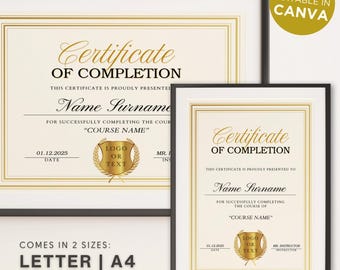 Nowoczesny złoty wzór certyfikatu ukończenia: nagroda dla pracownika (Canva, edytowalny, do pobrania w wersji cyfrowej)